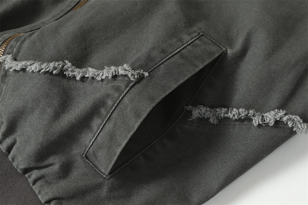 Blouson bomber déconstruit en toile à coutures effilochées et zip diagonal