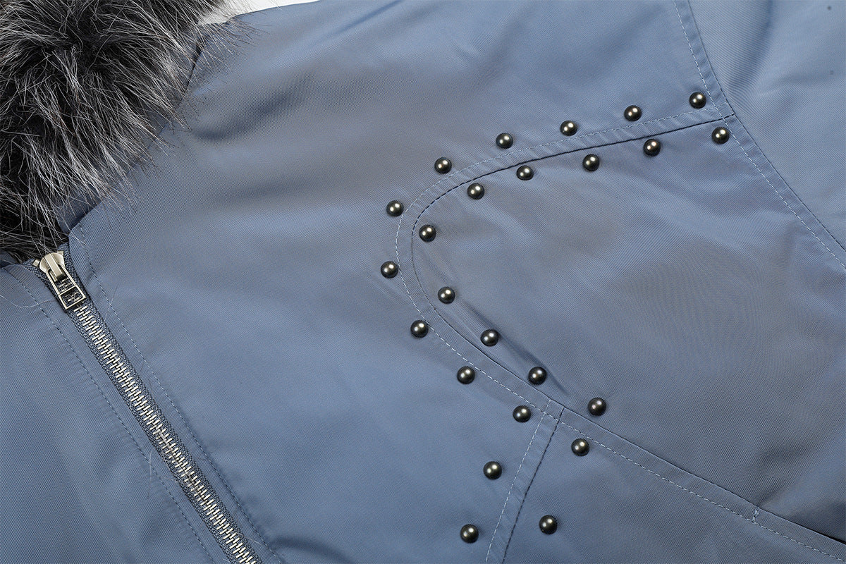 Studded Puffer Bomber Jacket with Faux Fur Hood
