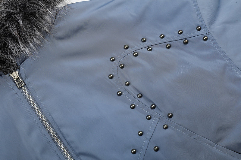 Studded Puffer Bomber Jacket with Faux Fur Hood