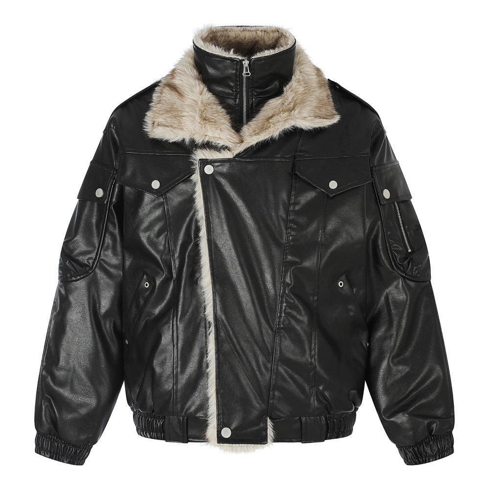 Men's Faux Leather Fur-Lined Bomber Jacket with High Collar & Asymmetric Placket