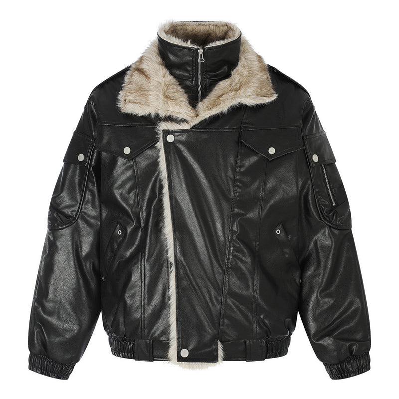 Men's Faux Leather Fur-Lined Bomber Jacket with High Collar & Asymmetric Placket
