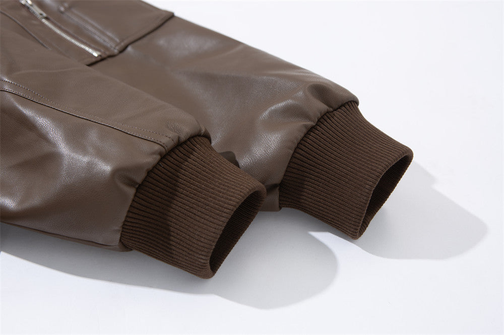 Men's Stand Collar PU Leather Bomber Jacket – Oversized Flight Jacket