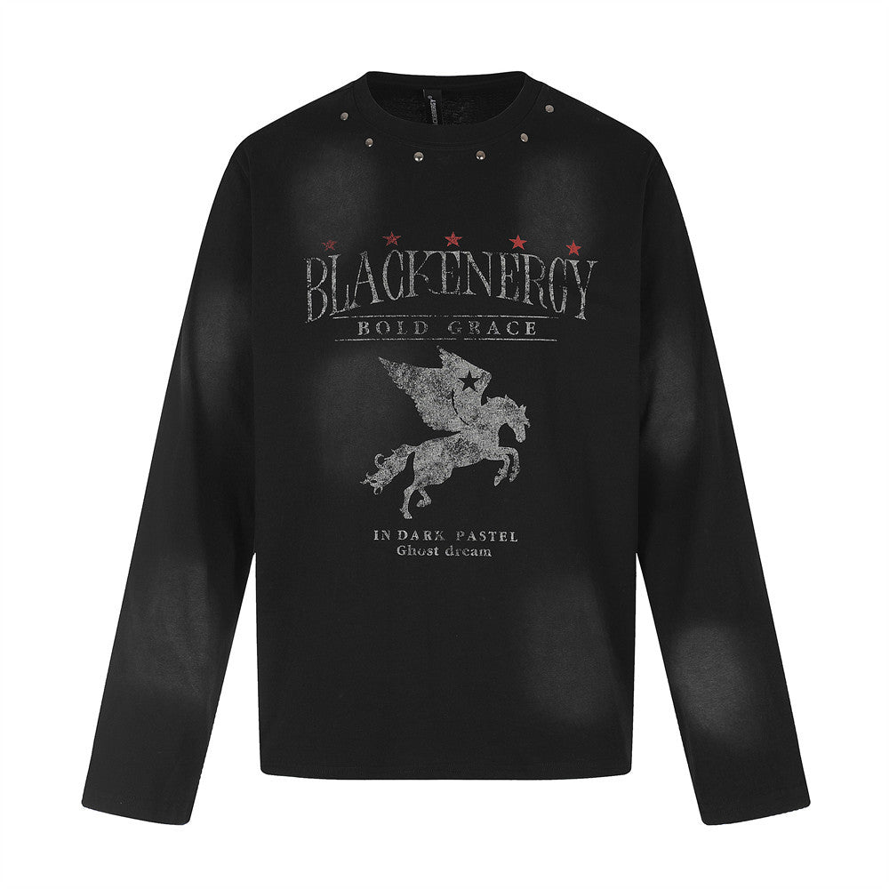 Herren-Grafikshirt Langarm mit Pegasus-Print, verwaschen, Distressed-Rundhals-Shirt