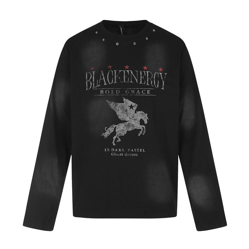 Herren-Grafikshirt Langarm mit Pegasus-Print, verwaschen, Distressed-Rundhals-Shirt