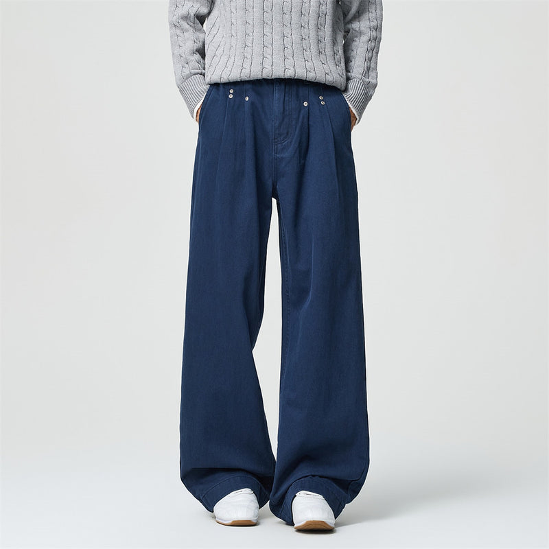 Wide-Leg Pleated Trousers – Men's High-Street Solid Color Straight-Cut Pants