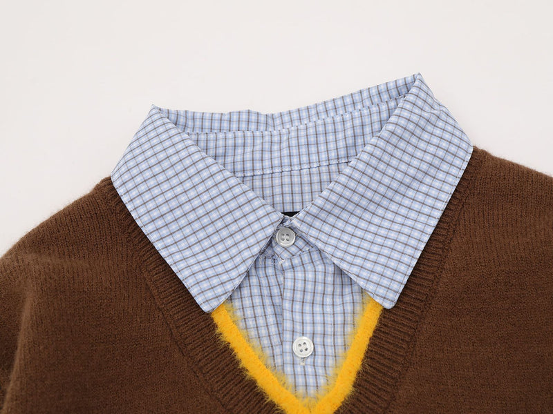 Cat Sweater for Humans – Layered Knit Vest & Plaid Shirt Two-Piece Look