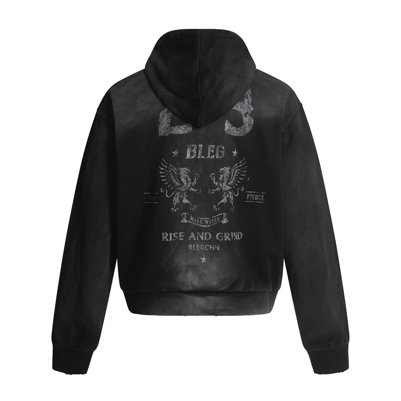 Sweat à capuche zippé délavé – Graphique vintage usé, style street américain