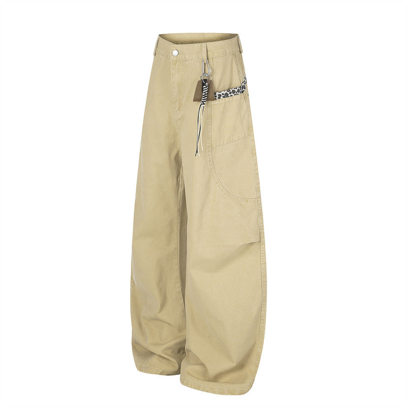 Wide-Leg Baggy Pants with Curved Hem, Leopard Trim & Carabiner Detail