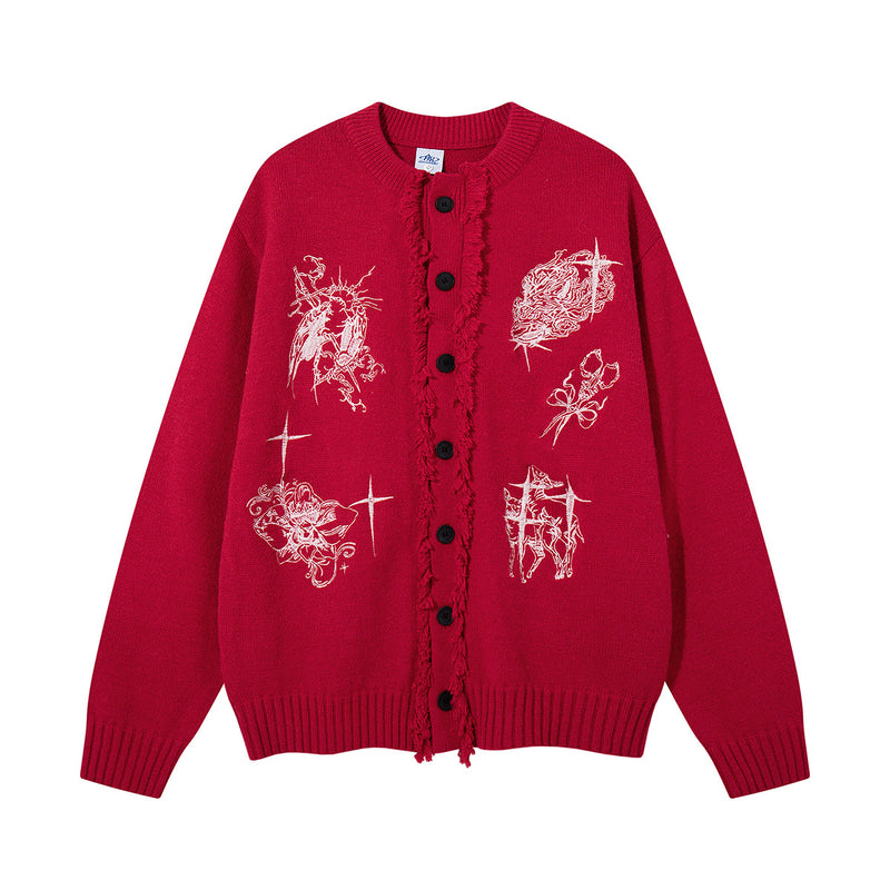 Gothic Embroidered Fringe Knit Cardigan Sweater – Oversized Button-Up