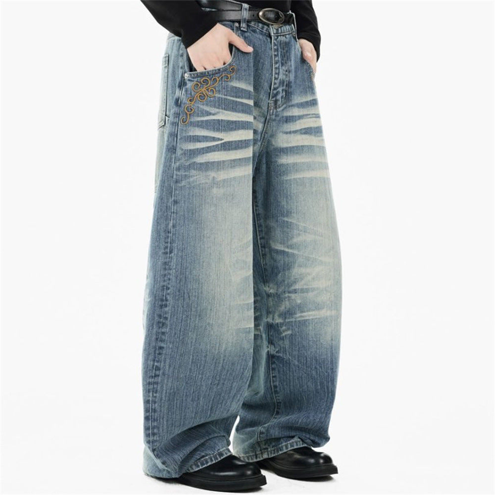 Light Blue Baggy Jeans Men – Vintage Wash Wide-Leg Denim with Punk Embroidery