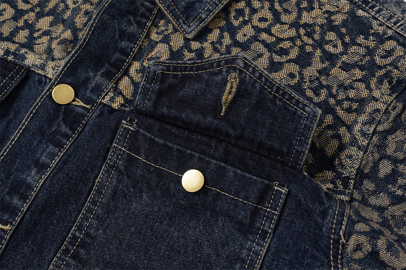 Veste en jean jacquard léopard – Trucker homme délavé à coupe décontractée