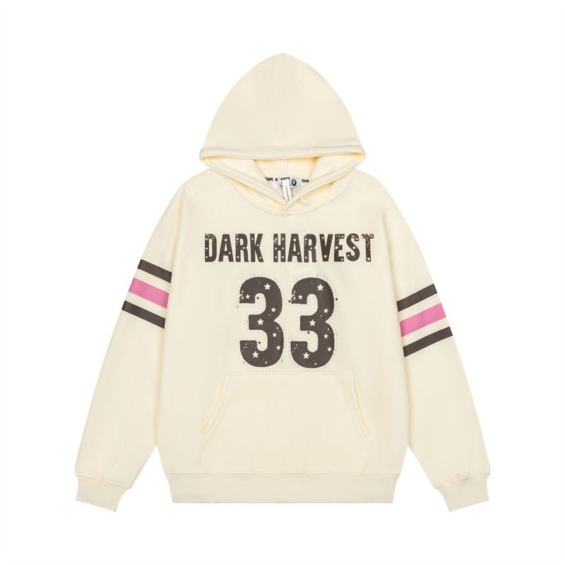 Men's oversized Dark Harvest 33 graphic pullover hoodie in cream with contrast stripe sleeves and kangaroo pocket