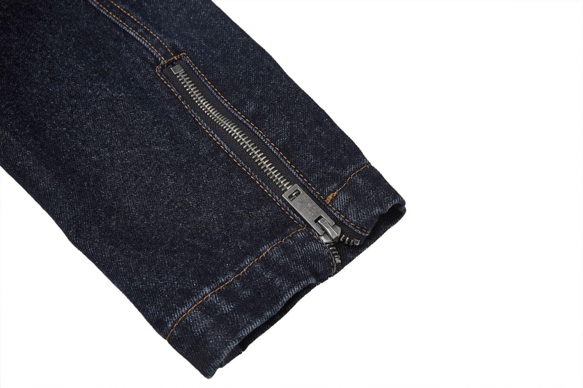Veste biker moto en denim – Col montant indigo foncé, poches zippées et base ceinturée