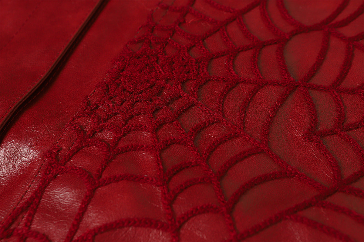Spiderweb Embroidered PU Leather Jacket – Oversized Moto Fit