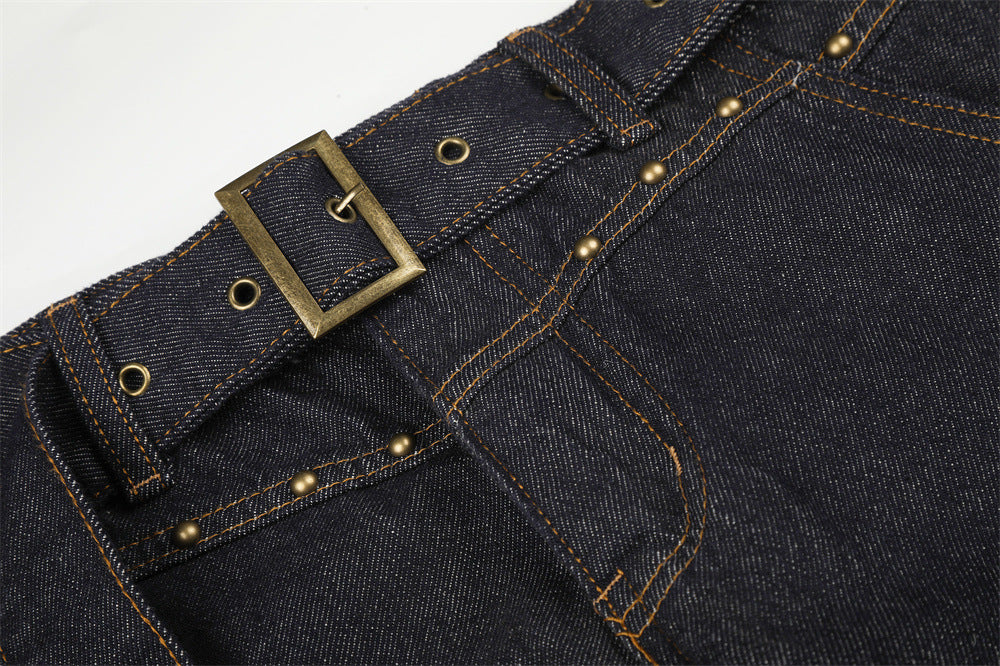 Oversized Barrel Leg Jeans with Belt, Studded Waist & Rhinestone Cuffed Hem