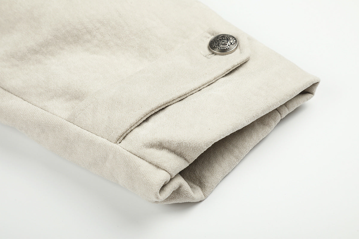Double-Breasted Shearling-Collar Padded Jacket with Waist Belt