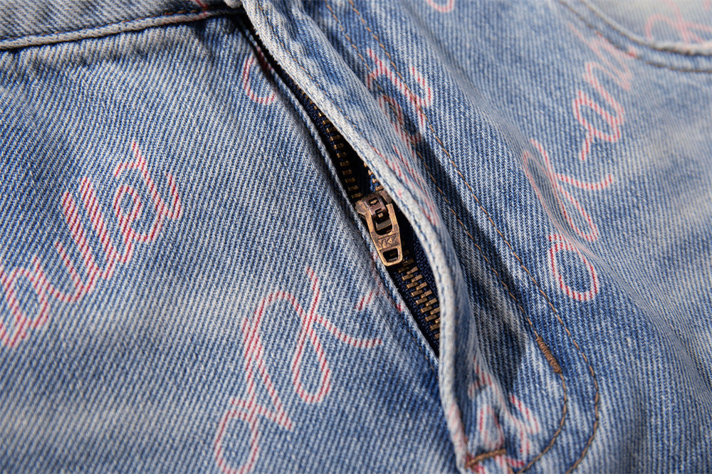 Wide-Leg Jeans with Allover Pink Script Print – Light Blue Washed Denim