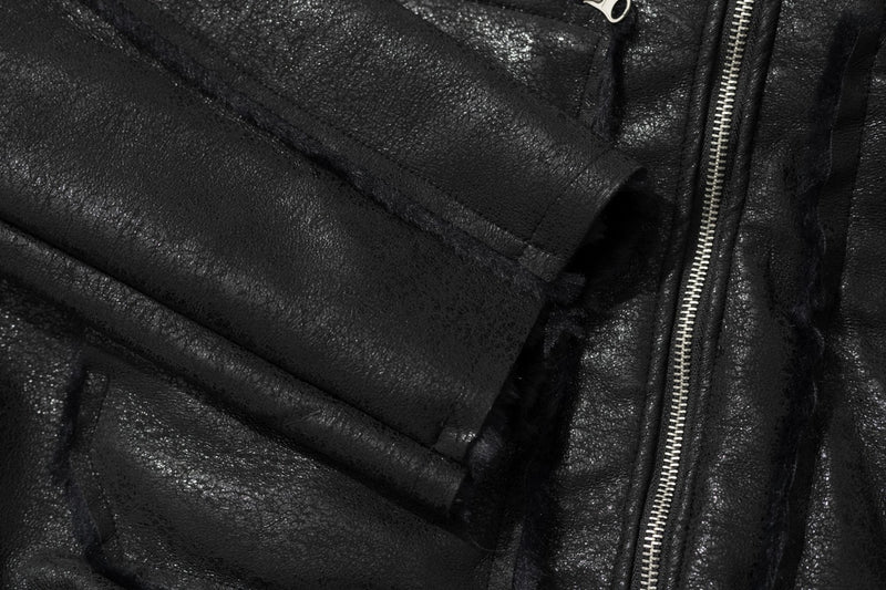 Faux Leather Bomber Jacket with Fur-Trim Hood & Fleece Lining — Black