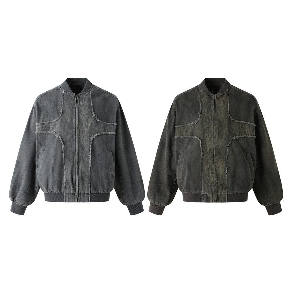 Veste bomber oversize délavée et usée, patchwork déconstruit et coutures effilochées, coloris gris délavé et vert olive délavé
