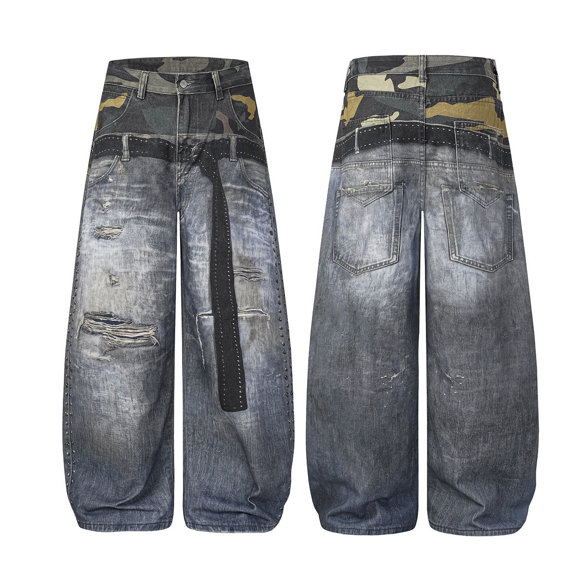 Baggy Wide-Leg-Jeans – Camouflage-Patchwork, Distressed-Denim, Nähte mit Nieten & Gürtel