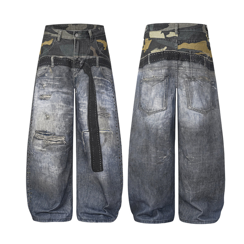 Baggy Wide-Leg-Jeans – Camouflage-Patchwork, Distressed-Denim, Nähte mit Nieten & Gürtel