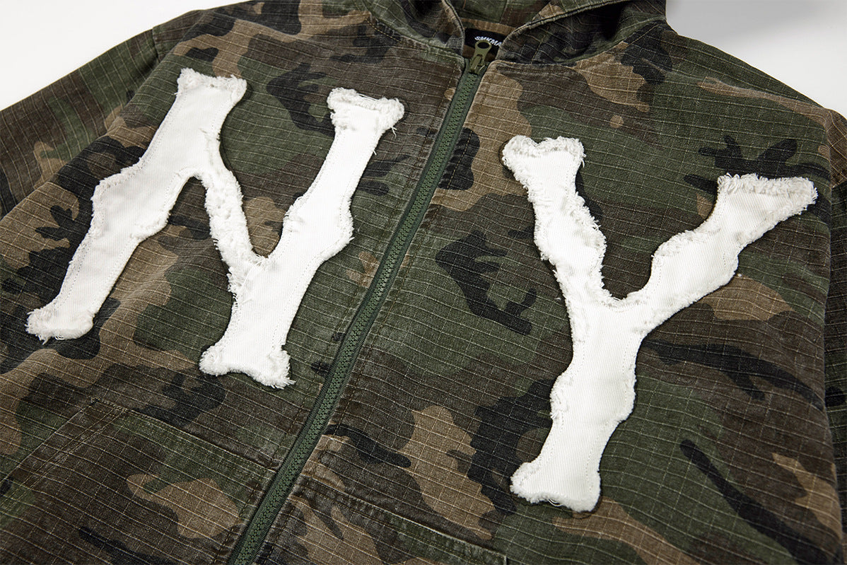 Camo NY Zip-Up Hoodie Jacket with Chenille Patch Letters