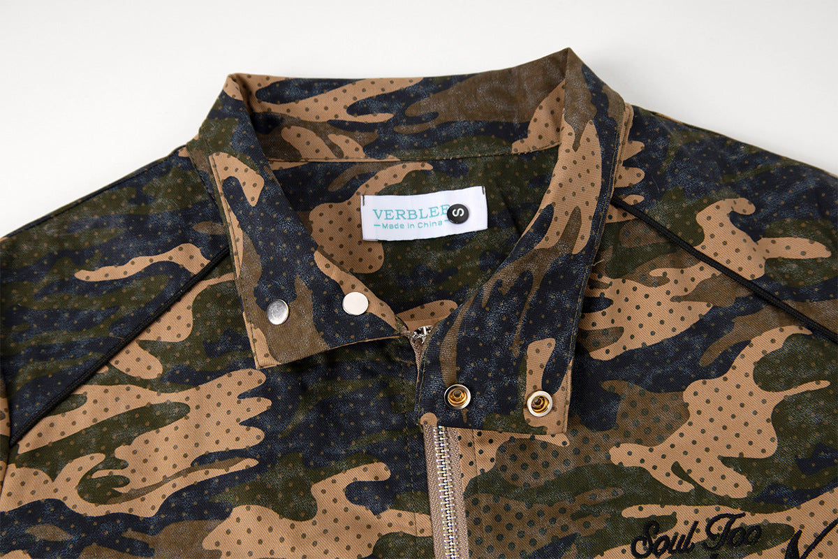 Veste zippée camouflage – Col montant, écusson Union Jack, coupe cropped