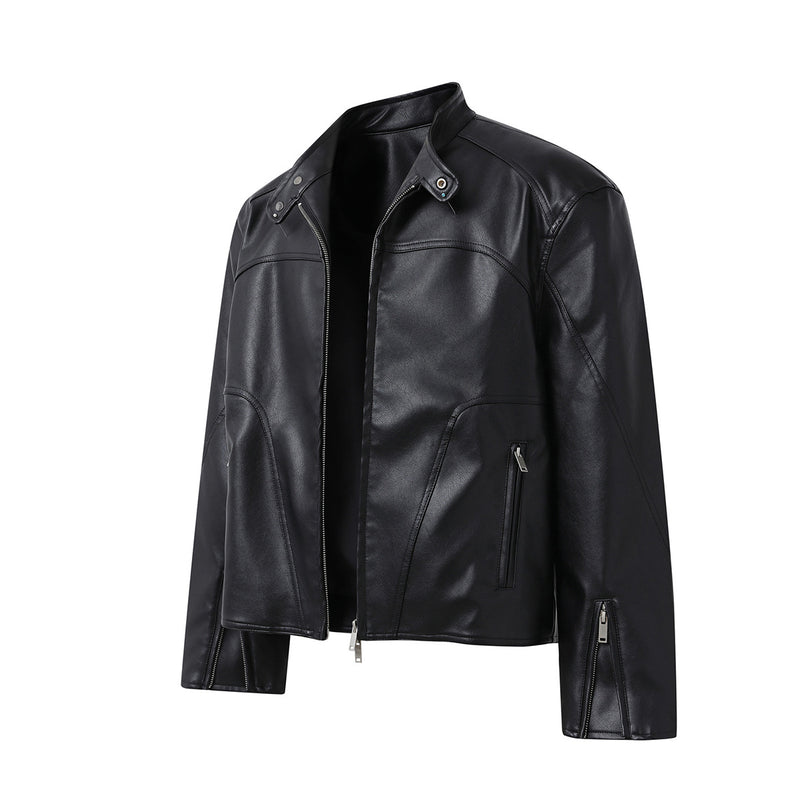 Men's Black PU Leather Moto Biker Jacket – Relaxed Fit Retro Racer Style