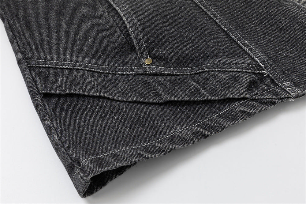 Men's Washed Denim Jacket with Metal Coin Chain Trim & Brass Buttons — Punk