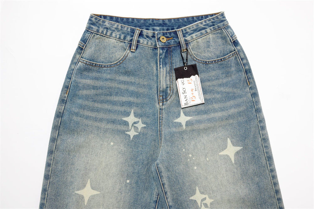 Jeans Star Print Baggy Wide-Leg Men – Washed Light Blue Straight Trousers