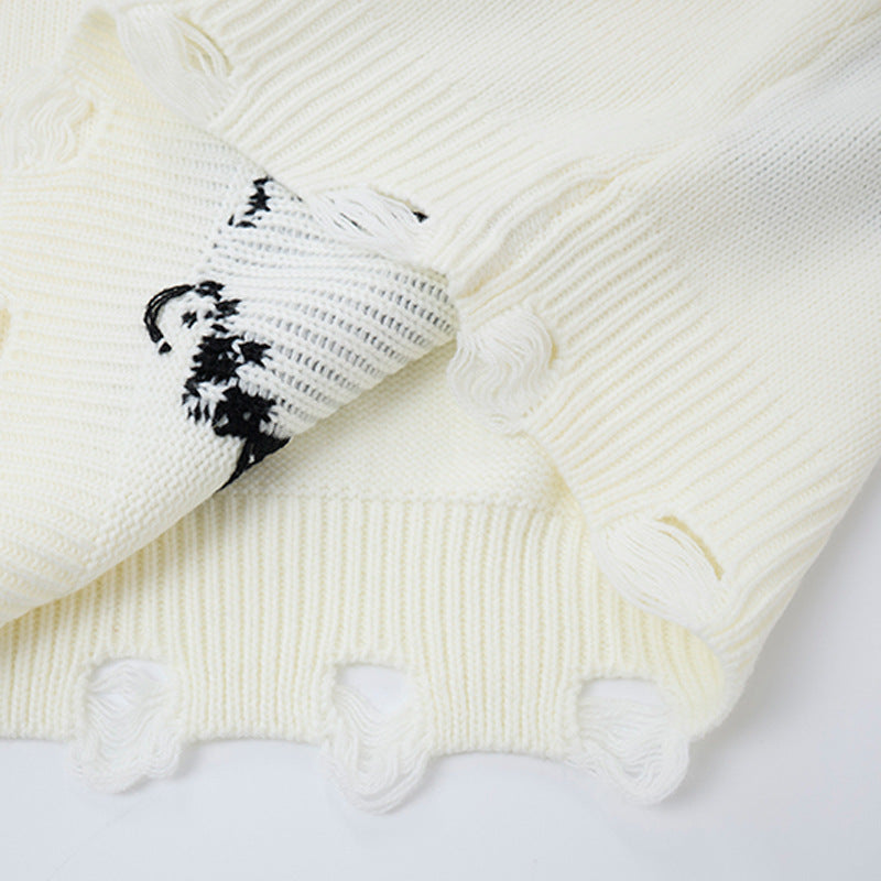 Oversize-Kreuz-Strickpullover – Distressed-Rundhals mit Jacquard-Kreuz
