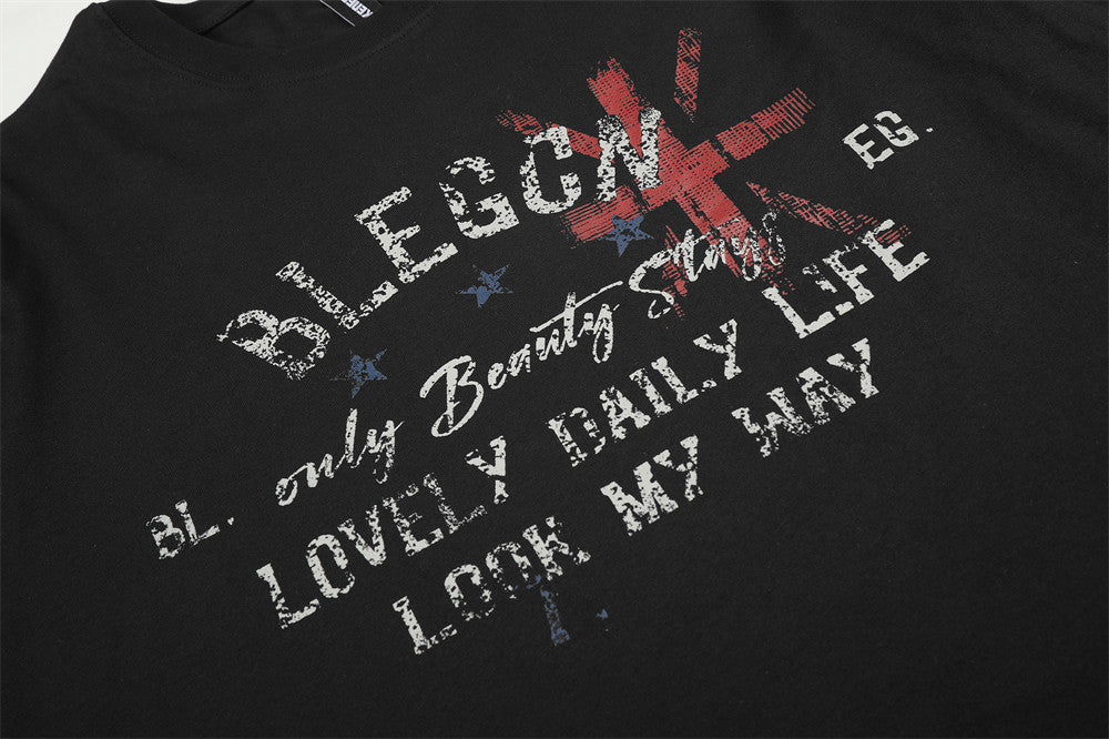 Faux-Layered Graphic Long Sleeve Tee with Black & White Striped Sleeves
