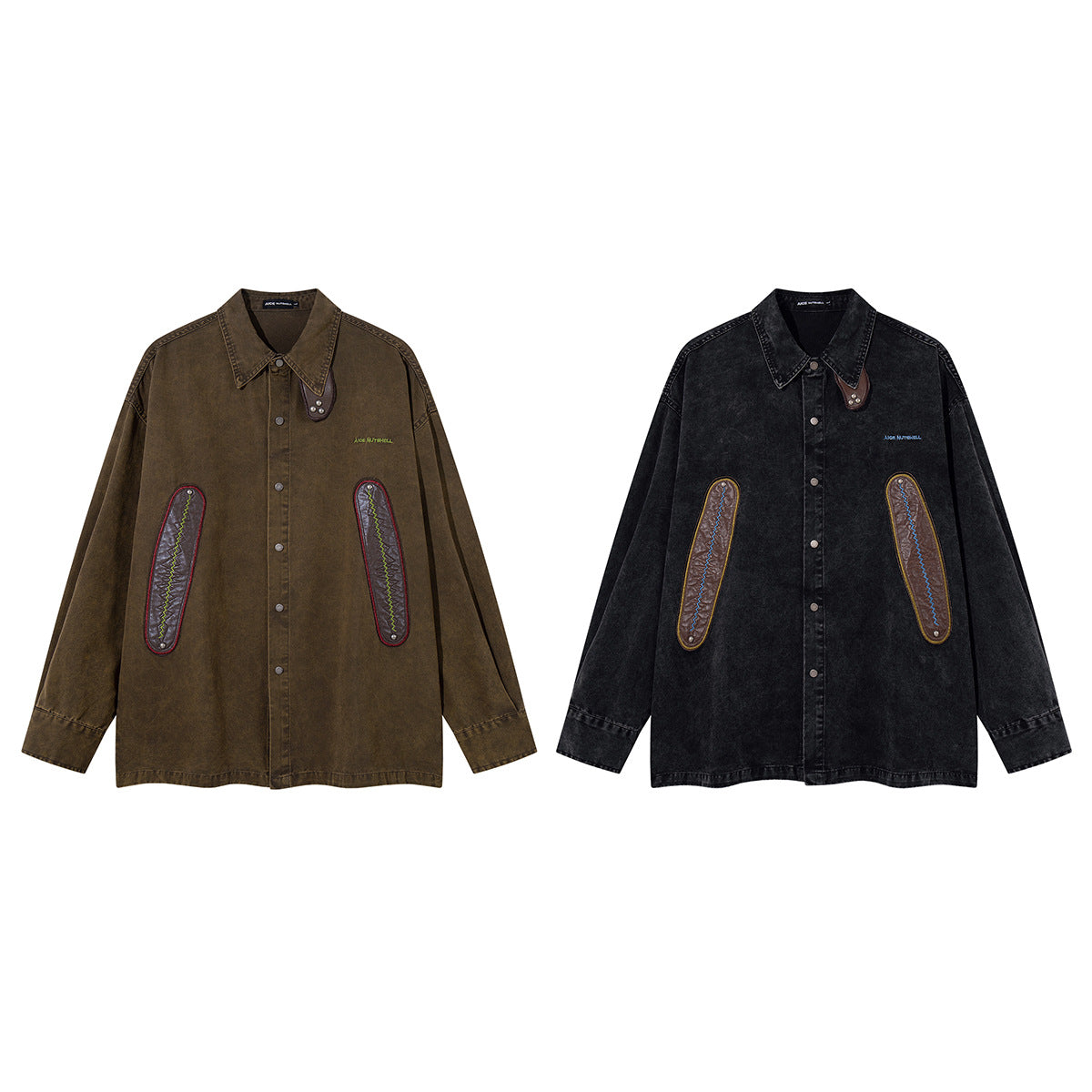 Acid Wash Denim Overshirt with Leather Patch Pockets & Snap Buttons