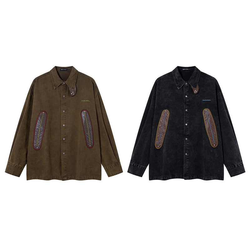 Acid Wash Denim Overshirt with Leather Patch Pockets & Snap Buttons