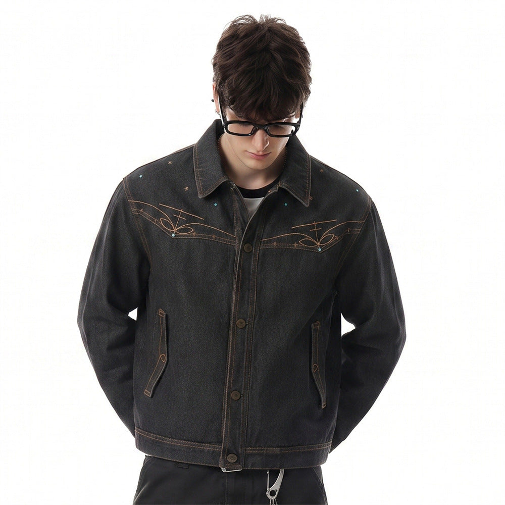 Black denim jacket with amber contrast topstitching and embroidered chest yoke detail, front and back view