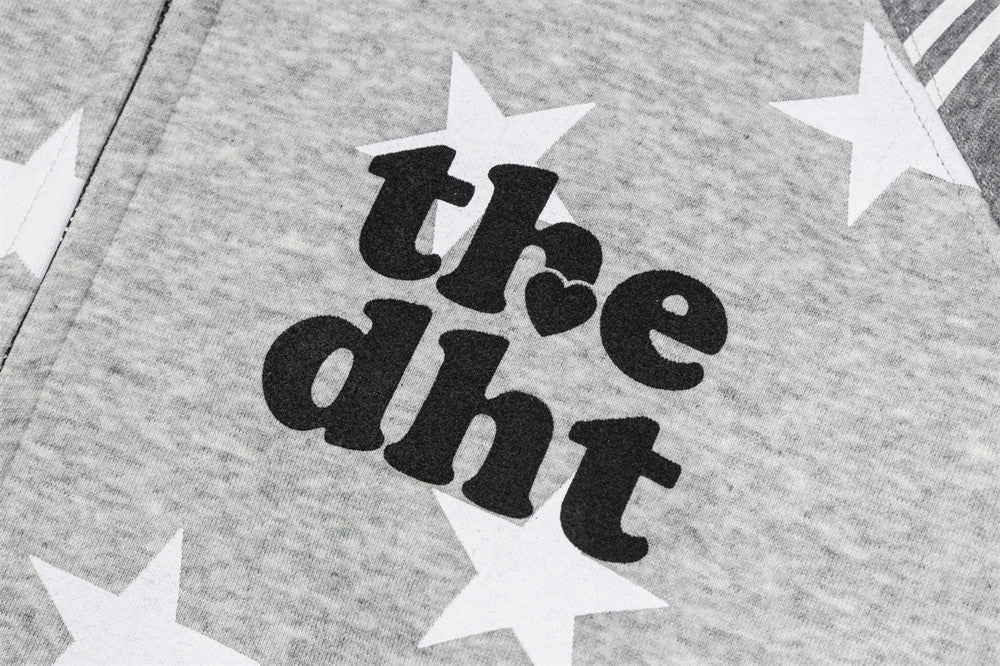 Star Print Zip-Up Hoodie with Striped Raglan Sleeves – Oversized Streetwear