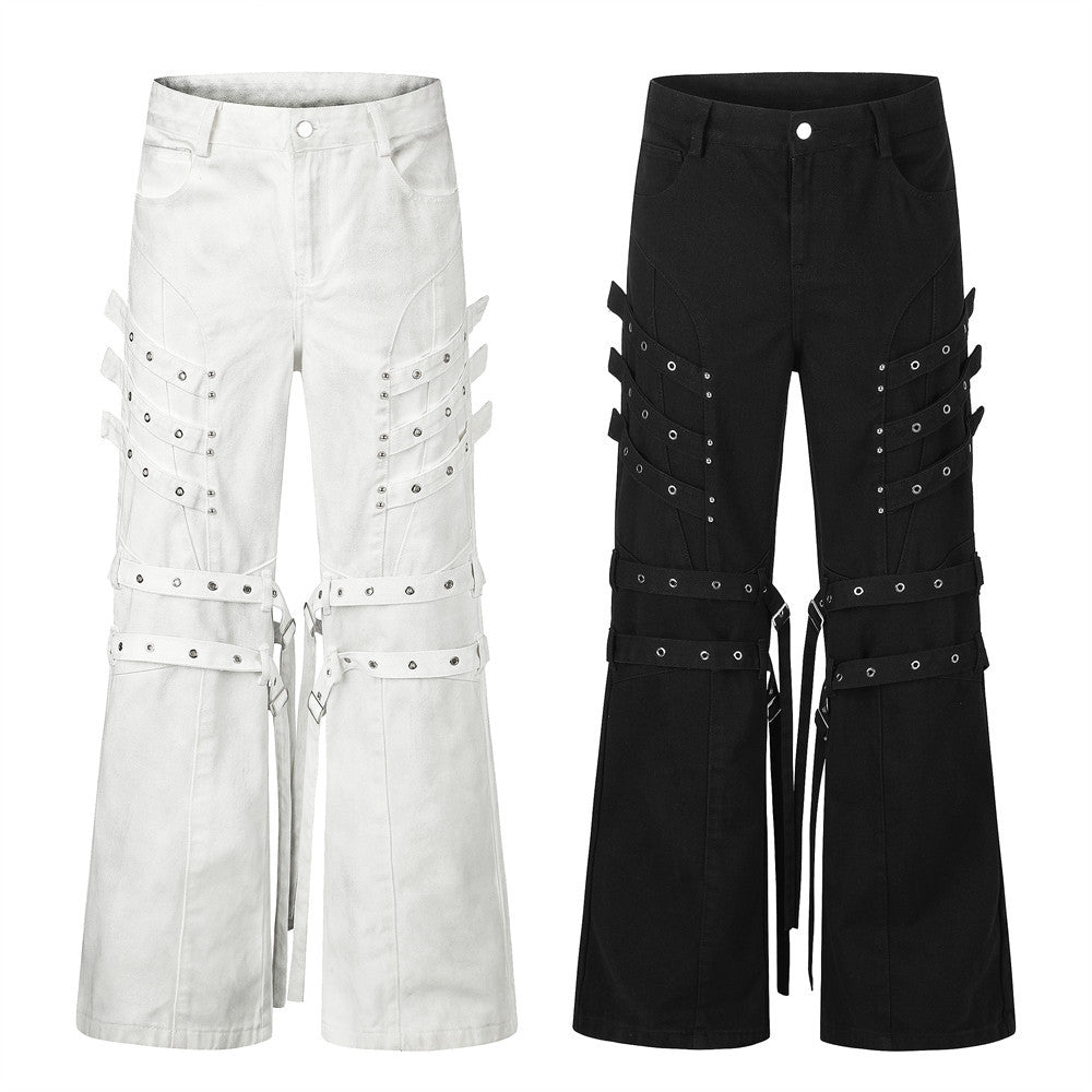 Men's Bell Bottom Jeans with Gothic Harness Straps, Metal Eyelets & Ribbon