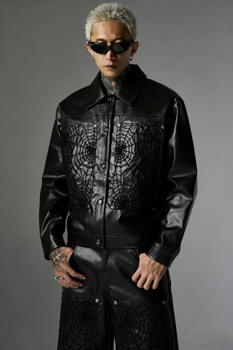 Spiderweb Embroidered PU Leather Jacket – Oversized Moto Fit