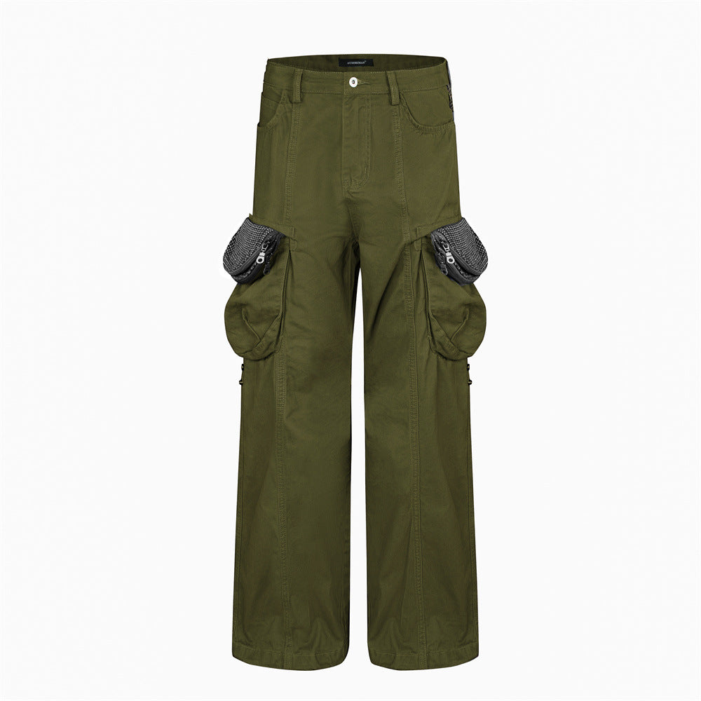 Men's wide-leg cargo pants in army green with oversized balloon side pockets and mesh zipper detailing, front and back view