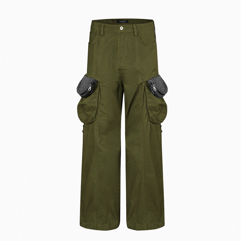 Men's wide-leg cargo pants in army green with oversized balloon side pockets and mesh zipper detailing, front and back view