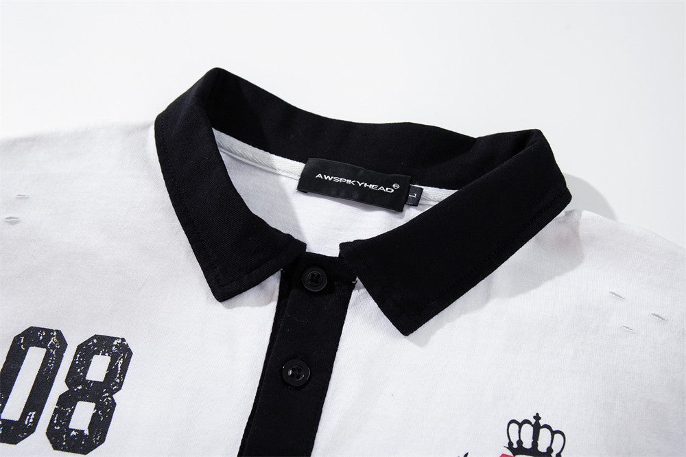 Men's Faux Two-Piece Polo Shirt with Striped Long Sleeves and Distressed Print