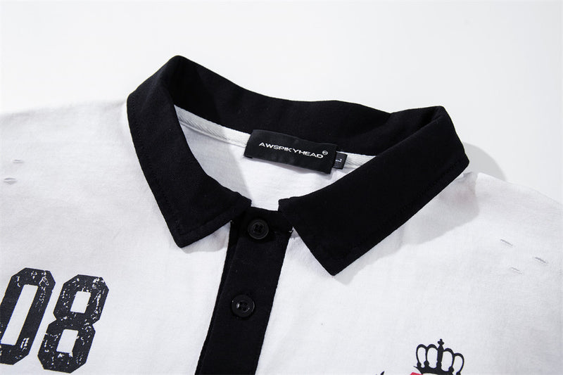 Men's Faux Two-Piece Polo Shirt with Striped Long Sleeves and Distressed Print