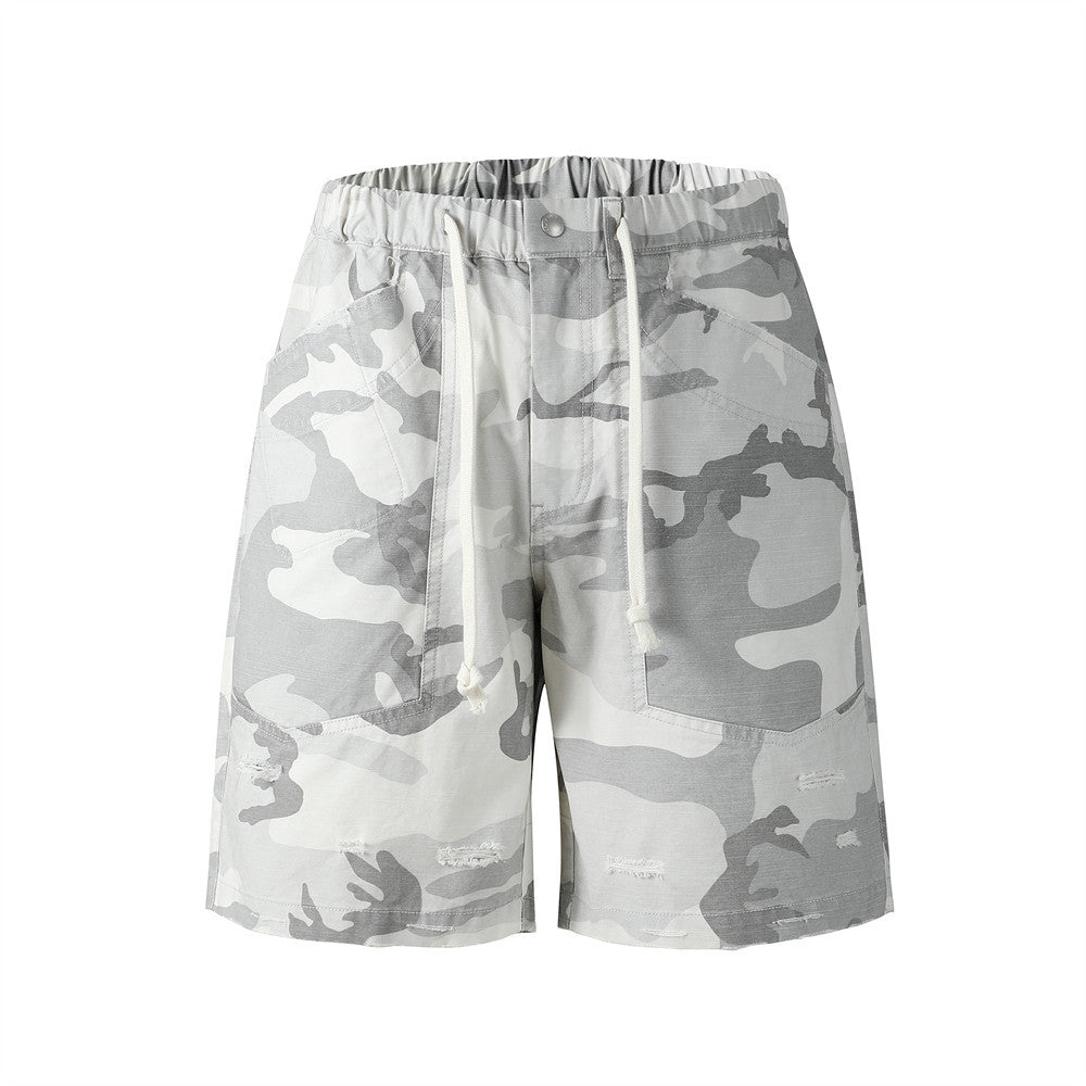 Light gray camouflage cargo shorts with drawstring waist and distressed front view