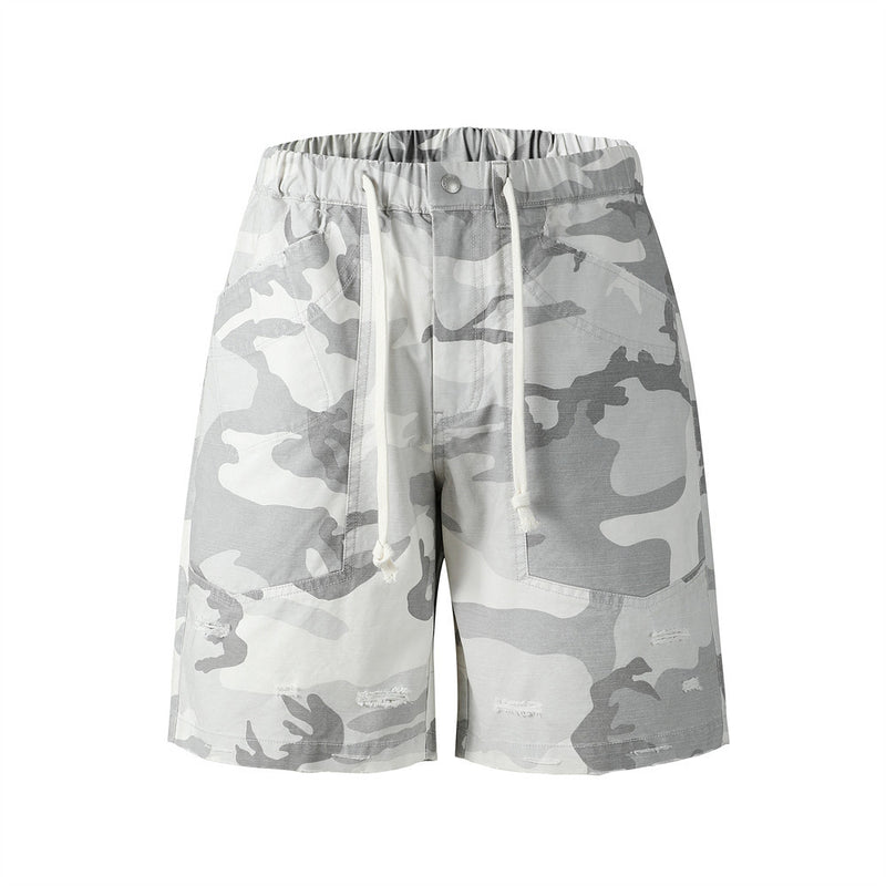Light gray camouflage cargo shorts with drawstring waist and distressed front view