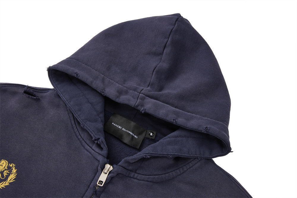 Oversized Zip-Up Hoodie Men — Distressed Heraldic Embroidery, Cropped Bomber Fit