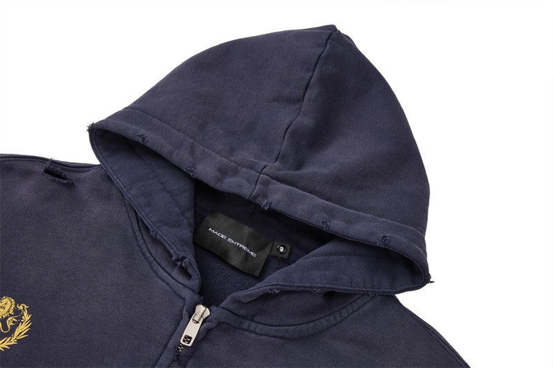 Oversized Zip-Up Hoodie Men — Distressed Heraldic Embroidery, Cropped Bomber Fit