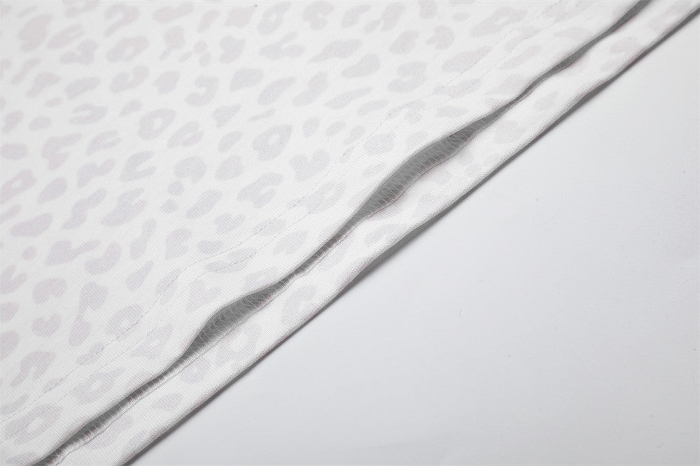 White Long Sleeve Polo Shirt with Leopard Texture, Stripe Collar & Ribbon Detail