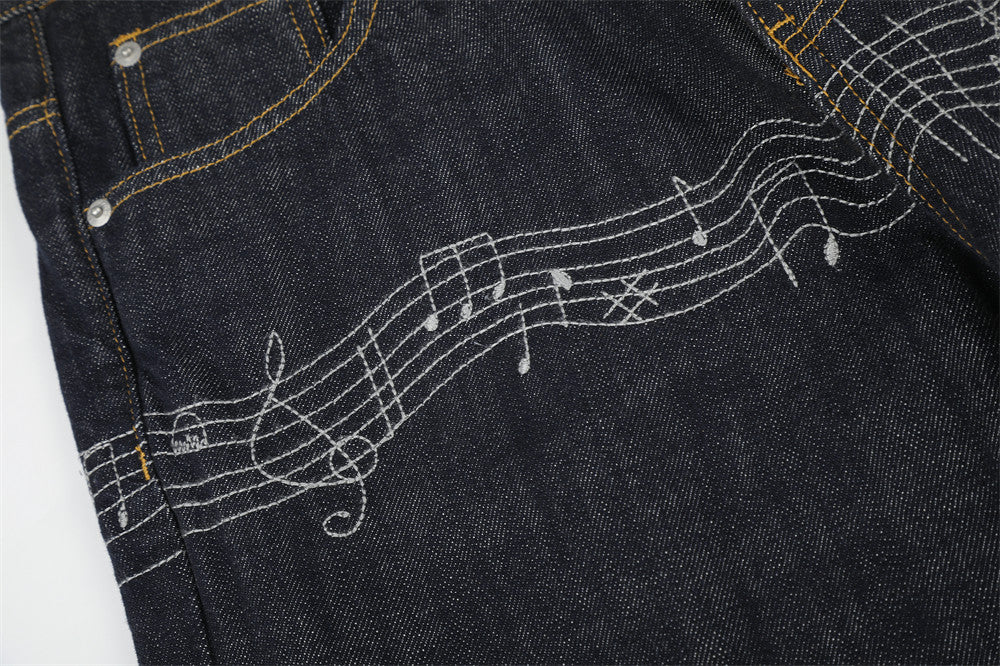 Wide-Leg Raw Denim Jeans with Music Note Embroidery