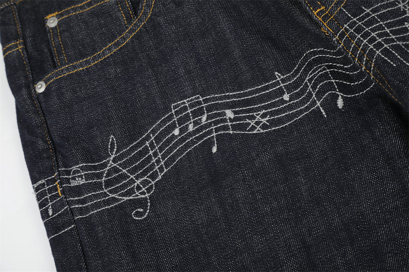 Wide-Leg Raw Denim Jeans with Music Note Embroidery