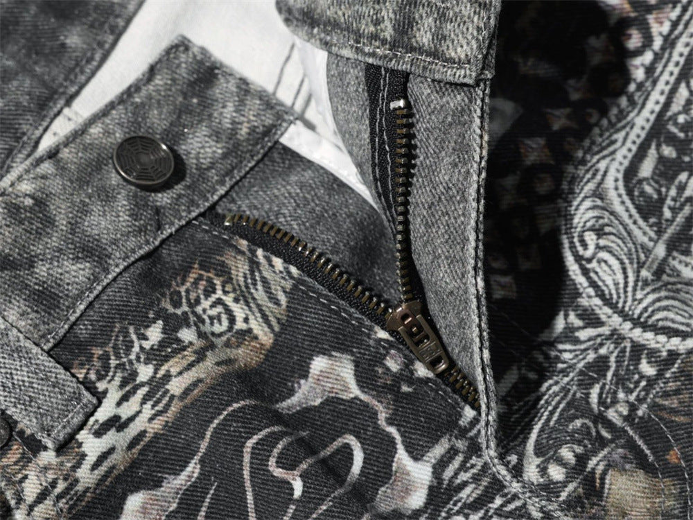Baggy Wide-Leg Jeans – Paisley Graphic Waistband, Acid-Washed Grey Denim